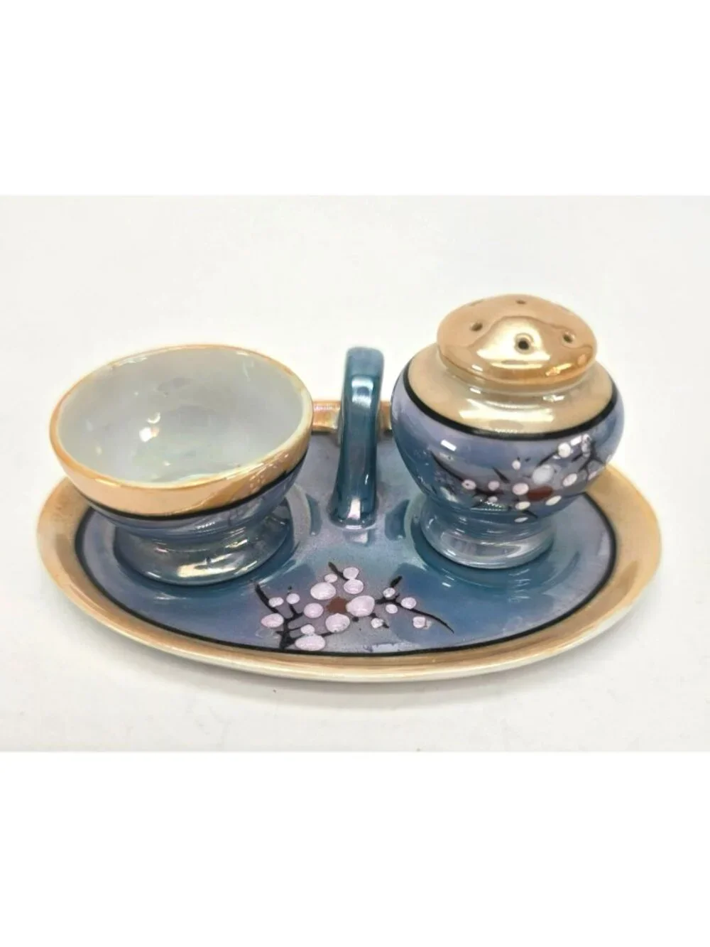 Vintage Lusterware Egg Coddler & Salt Shaker Set With Tray Blue Peach je160
